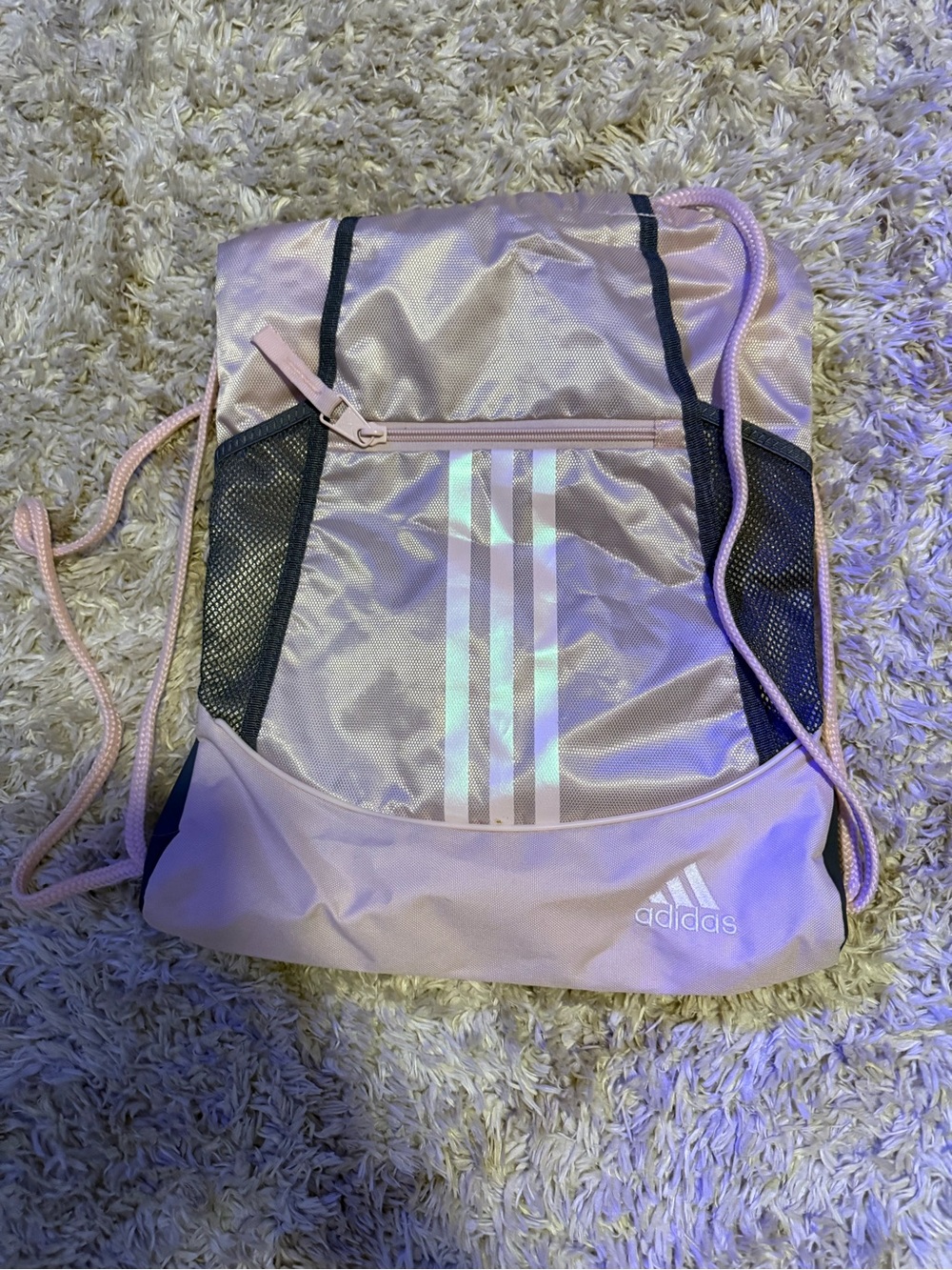 adidas Light Pink Drawstring Backpack with Reflective Stripes